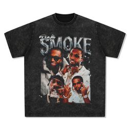 thumbnail for Cross-border retro hip hop Pop Smoke impreso Camiseta de manga corta lavado casual suelto pesado cuello redondo pequeño escote moda