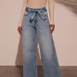 thumbnail for 2025 Europa y América Comercio exterior transfronterizo de Amazon Vaqueros de pierna ancha rectos lavados con correa de cintura alta para mujer 8935