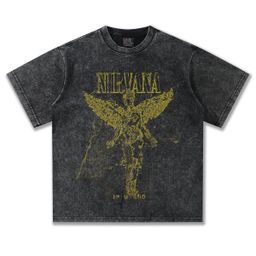 thumbnail for 2025 Spring/Summer New NIRVANA Broken Angel Washed Distressed Print Vintage Short Sleeve T-Shirt Blockbuster Trend