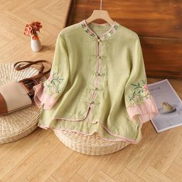 thumbnail for In summer, cotton and linen literary retro embroidery shirts, women's disc buttons, cardigans, shirts, cropped tops, national style, loose and thin