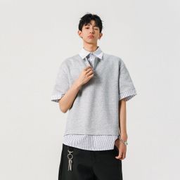 thumbnail for Layered fake two-piece short-sleeved shirt men's 2026 summer new American fashion brand loose patchwork lapel POLO shirt