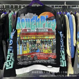 thumbnail for 25 New cross-border American trendy brand high street Rough Play retro cotton washed hole splicing long-sleeved T-shirt