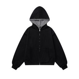 thumbnail for # Ovdy American Spliced Plaid Hooded Reversible Autumn and Winter Cardigan Sweatshirt Jacket Men's Cleanfit