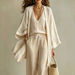 thumbnail for European and American cross-border spring/autumn/summer loose cotton-linen mid-length nine-quarter sleeve cardigan, sleeveless tank top, and pants casual three-piece set
