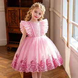 thumbnail for Little flower girl red dress, summer new girls' princess dress, puffy tulle, stylish children's show show outfit