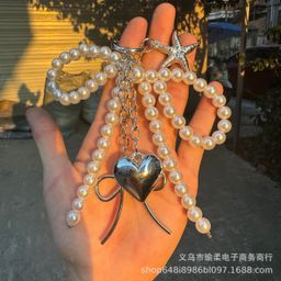 thumbnail for Korean CHIC new sweet pearl bow silver love pendant car key chain pendant versatile bag ornament