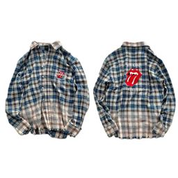 thumbnail for False American High Street Vintage Retro Distressed Faded Washed Embroidered Plaid Destroyed Long-Sleeved Shirt for Men and Women