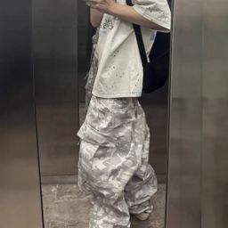 thumbnail for Jimo Far archive American style old stained multi-pocket camouflage tactical paratrooper functional cargo pants for men and women