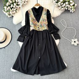 thumbnail for Gentle Style Lantern Sleeve Laps Waist Slimming Single-Breasted A- Line Shirt Dress Two-Piece V-Neck Vest Jacket