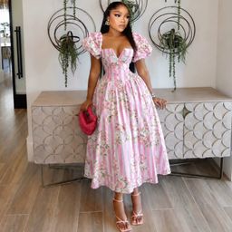 thumbnail for European and American women's cross-border elegant small V-neck waist-cinching printed long dress, fashionable and chic new African long dress