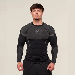 thumbnail for Camiseta masculina GYMSHARK de fitness, manga longa, para corrida e treino, elástica, de secagem rápida, slim fit, Shark.
