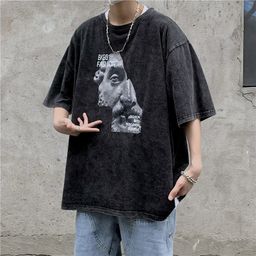 thumbnail for Cross-border European and American trend T-shirt high street trend short sleeve cotton wash nostalgic boy street fashion T-shirt can be ordered
