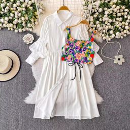 thumbnail for French Retro Lapel Lantern Sleeve Slim Long Shirt Dress Layered Oil Painting Print Waist Suspender Suit