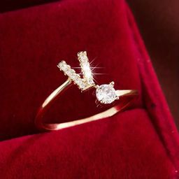 thumbnail for TEMU Hot Sale 26 English Alphabet Micro-inlaid Zircon Fashion Women&#039;s Ring Copper Plated 14K Open in stock Ring