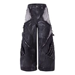 thumbnail for Fat mm American vibe heavy industry nail bead cargo jeans plus size hot girl raw edge splicing personalized wide-leg floor-length pants