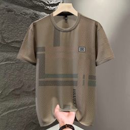 thumbnail for Camiseta masculina de manga curta verão na moda em torno do pescoço seda gelo moda versátil nova meia manga color-block casual topo