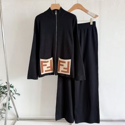 thumbnail for Cross-Border Foreign Trade New Pocket Letter Zipper Cardigan Wide-Leg Long Pants Knit Two-Piece Fashion Versatile Set for Women