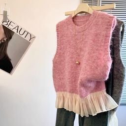 thumbnail for Ruffled Lace Knitted Vest Women&#039;s Spring Design Sense Fake Two-piece Sleeveless Waistcoat Stacked Sweater Vest Top