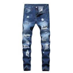 thumbnail for Cross-border Men&#039;s Ripped Slim-fit Straight Jeans Light-colored Ragged Men&#039;s Denim Trousers
