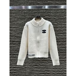 thumbnail for Casual Jacquard Zipper-Style Letter Embroidery Ce Stand Collar New Sweater Cardigan Autumn/Winter 25 Apricot Color Black with Tags