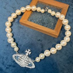 thumbnail for Queen Mother Saturn, Planet Saturn, Pearl Necklace, Vintage Choker, Diamond Rhinestones, Premium, Three-Layered Clavicle Chain