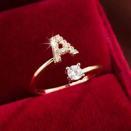 thumbnail for TEMU Hot Sale 26 English Alphabet Micro-inlaid Zircon Fashion Women&#039;s Ring Copper Plated 14K Open in stock Ring