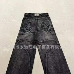 thumbnail for Men's Straight-Leg Slim-Fit American Retro Black-Gray Jeans High Street Men's Trendy Pants Summer Thin Style
