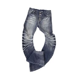 thumbnail for Ice blue crack washed three-dimensional pants scimitar version high elastic mist blue American jeans men's and women's high street versatile trend