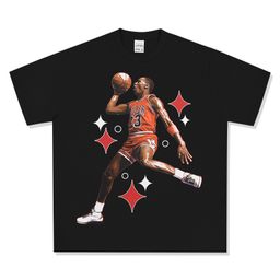 thumbnail for Camiseta de manga curta com estampa retrô americana transfronteiriça MJ, moletom versátil de gola redonda pesada com capuz.