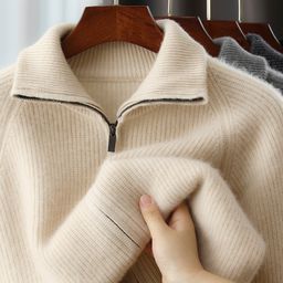 thumbnail for 秋冬新款纯羊毛衫宽松男士高领加厚纯色拉链针织开衫毛衣外套上衣