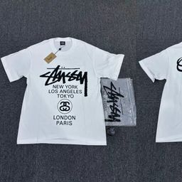thumbnail for In-stock wholesale Stüssy pure cotton short-sleeve T-shirt for men and women, loose trendy white base shirt with print