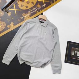 thumbnail for Foreign trade autumn in stock Tommy men's solid color embroidered lapel pullover casual long sleeve loose polo shirt 1