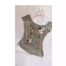 thumbnail for Scrap Style Vintage Vintage Neck Hanging Fake Two-piece Design Short-sleeved T-shirt Middle Ancient 2024 Summer Short Top