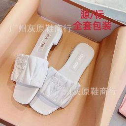thumbnail for Miu Slippers Women's Summer Outer Wear Girl's Pleated Flat Heel Non-slip Vacation Sanya Square Head Sandals for Foreign Trade Women