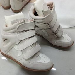 thumbnail for European and American style invisible inner heightened women's shoes wedge Velcro sneakers leather high-top color-blocking casual