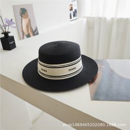 thumbnail for Hat women's spring and summer brim versatile retro pearl holiday straw hat flat top sunscreen sunshade for beach trips Flat top straw hat