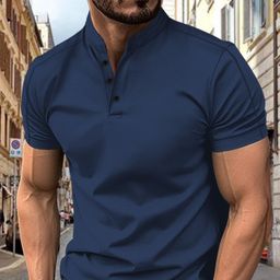 thumbnail for Camisa polo casual de manga curta com gola alta em tecido waffle para homens da AliExpress e Amazon.