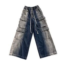 thumbnail for Ro acbt Washed Gradual Multi-Pocket Tooling Straight Casual Drawstring Wide-Leg Horn Jeans Capper