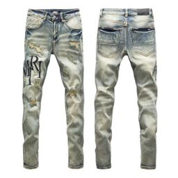thumbnail for Cross-Border American-Style Purplebr High Street Ripped Embroidered Patchwork Vintage Straight-Leg Jeans Amlri Stretch Denim