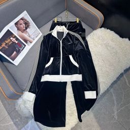 thumbnail for Velvet suit long-sleeved jacket + straight trousers women's 25 autumn and winter chest pants side letter two-piece set