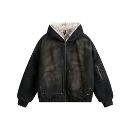 thumbnail for Men&#039;s American Street Style Washed Denim Cotton Jacket with Fleece for Winter, Wasteland Style Cotton Coat for Men
