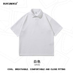 thumbnail for 290 Heavyweight Trendy Brand Polo Loose Solid Color Shirt with Japanese-Style Slit, Drop Shoulder, and Turn-Down Collar Polo Shirt for Couples