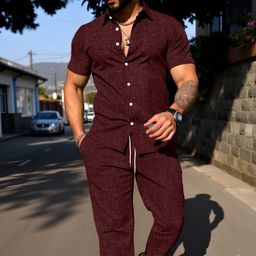 thumbnail for 2025 Cross-border European and American New 2-Piece Men's Solid Color Lapel Short-Sleeve Shirt and Long Pants Casual Summer Set