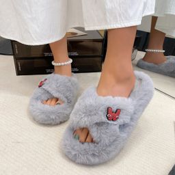 thumbnail for Furry Slippers for Women 2025 Autumn and Winter New Soft-Soled Cross-Furry Straps Fashionable and Comfortable Casual Cotton Slippers