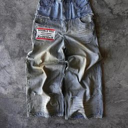 thumbnail for European and American Cross-border Retro Street Hip-hop Grinding Stitching Double Waist Ripped Rivet Loose Wide-leg Straight Jeans