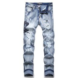 thumbnail for Spring and Summer Retro Splicing Ripped Patch Jeans Men's Embroidered Slim Fit Pants Men's Elastic Embroidered Long Pants