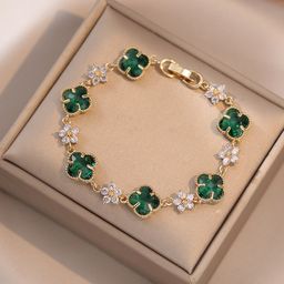 thumbnail for Women's bracelet: emerald four-leaf fashionable new zircon bracelet, elegant double-sided simple and elegant bracelet