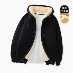 thumbnail for Casual Pure Color Warm Lamb Velvet Hooded Sweatshirt Jacket Autumn and Winter Fleece-Lined Thickeneded Warm Lamb Velvet Jacket