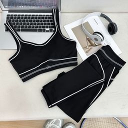 thumbnail for Cross-border foreign trade aesthetic sports AL OYoga minimalist black-and-white color-block high-elasticity yoga set lingerie and long pants