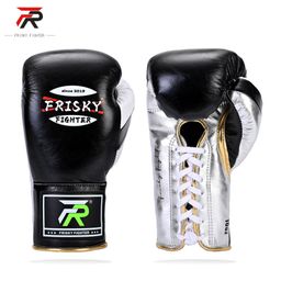 thumbnail for Luvas de boxe profissionais FRISKY com cadarço, luvas de boxe de couro de microfibra para adultos Sanda Muay Thai, luvas de boxe para treinamento com saco de areia.